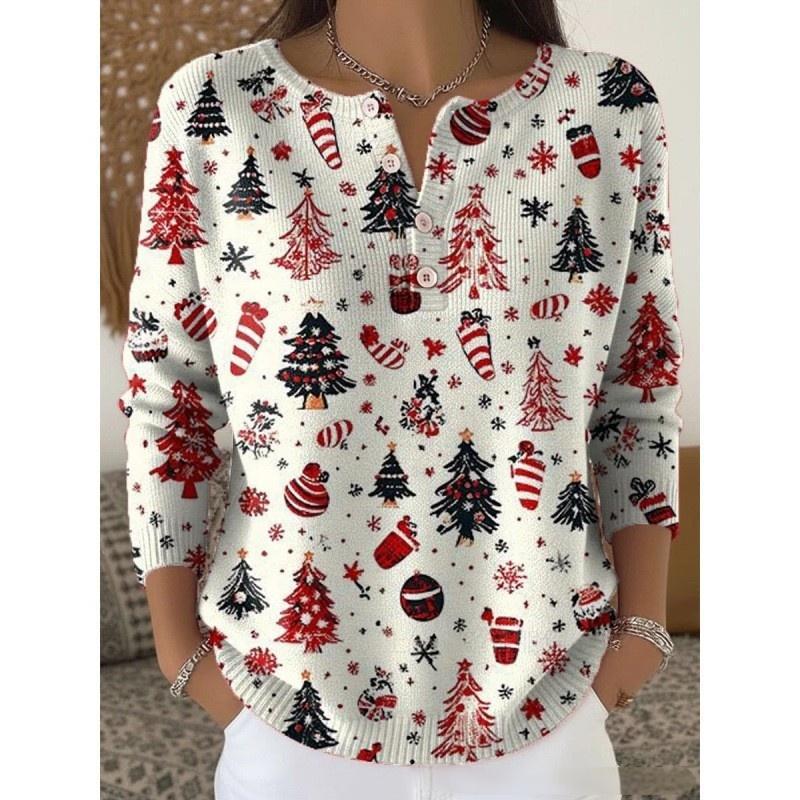 Retro Christmas 3D Digital Printing Four-button Stand Collar T-shirt