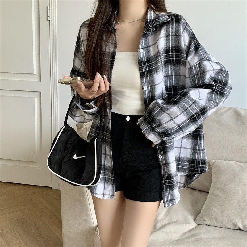 Womens Retro Long-Sleeve Plaid Shirt Top