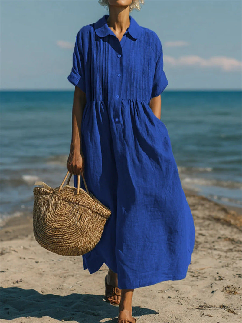 Notch-collar Button-front Pleated Short-sleeve Cotton-linen Dress