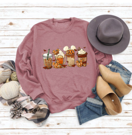 Christmas Latte European American Fashion Floral Print Round Neck Sweater