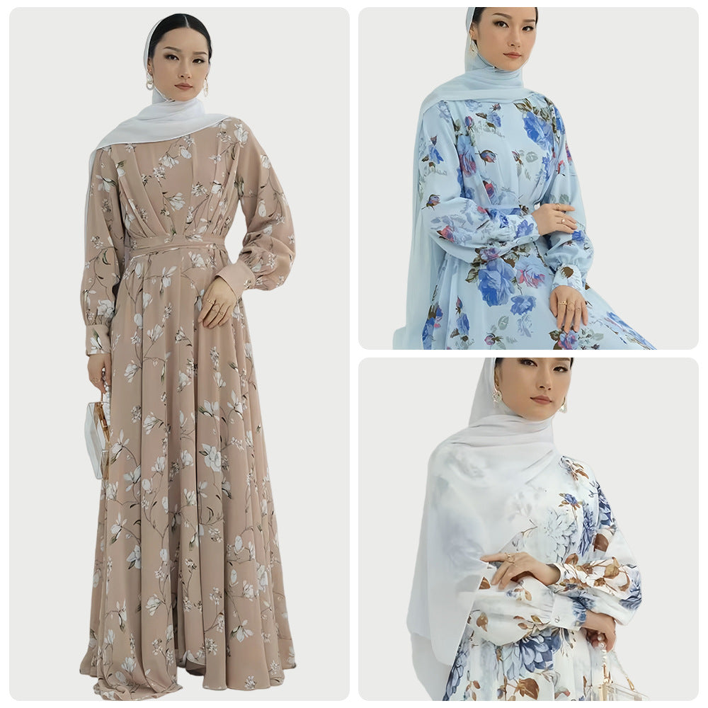 Crew-neck Floral-print Midi Dress With A Matching Belt For A Slimming Fit