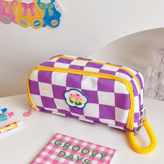 Japanese Simple Large-capacity Checkerboard Pencil Case