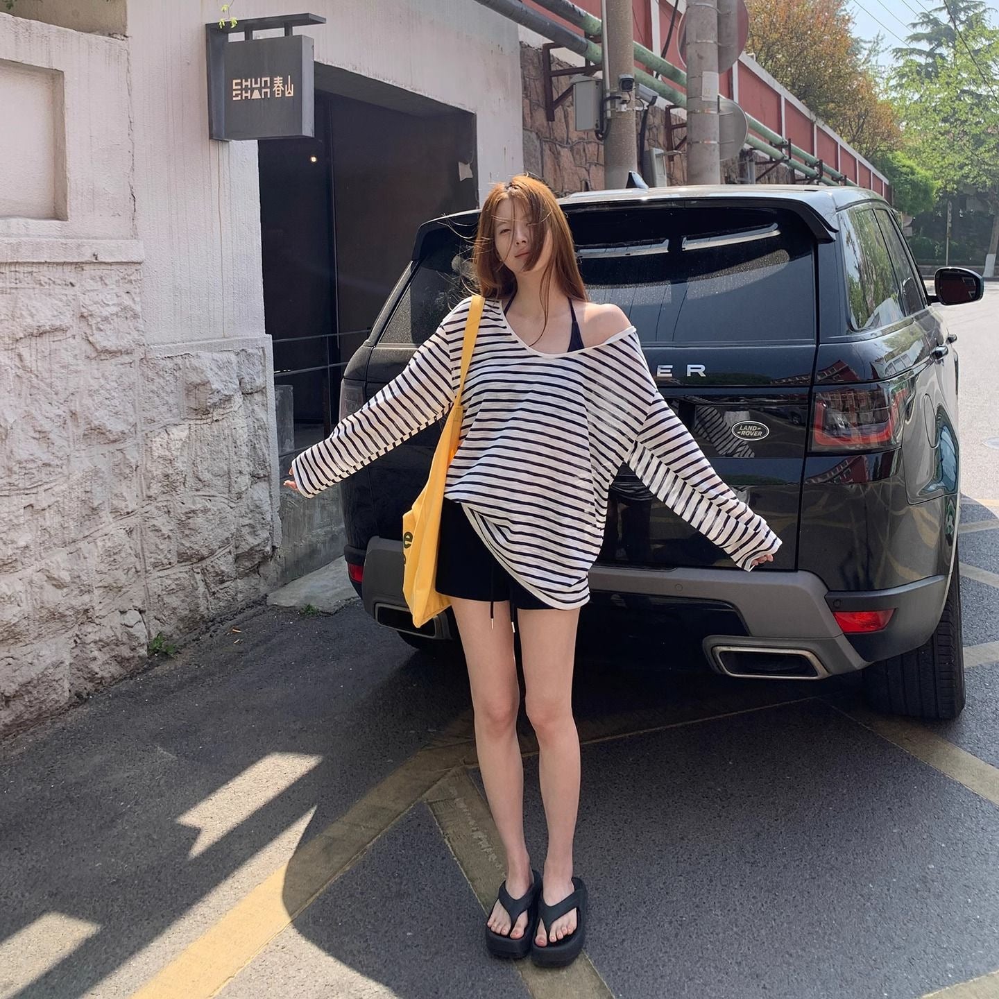 Womens Sun-Protective Blouse Summer Outfit Long-Sleeve T-Shirt Womens Loose Striped Off-Shoulder Top