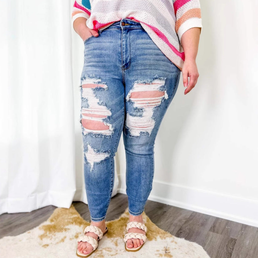 European And American Light Color Skinny Pants Long Hole