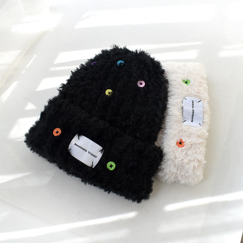 Women's Plush Woven Hat With Thick Warm Colored Buttons
