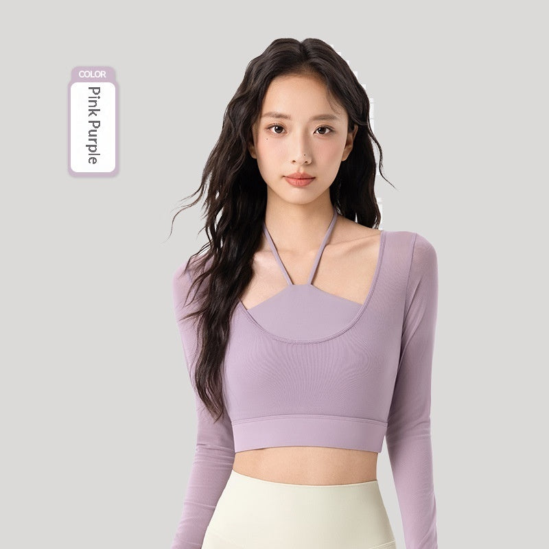 Fake Two-Piece Mesh Long-Sleeve Yoga Top With Built-In Sports Bra