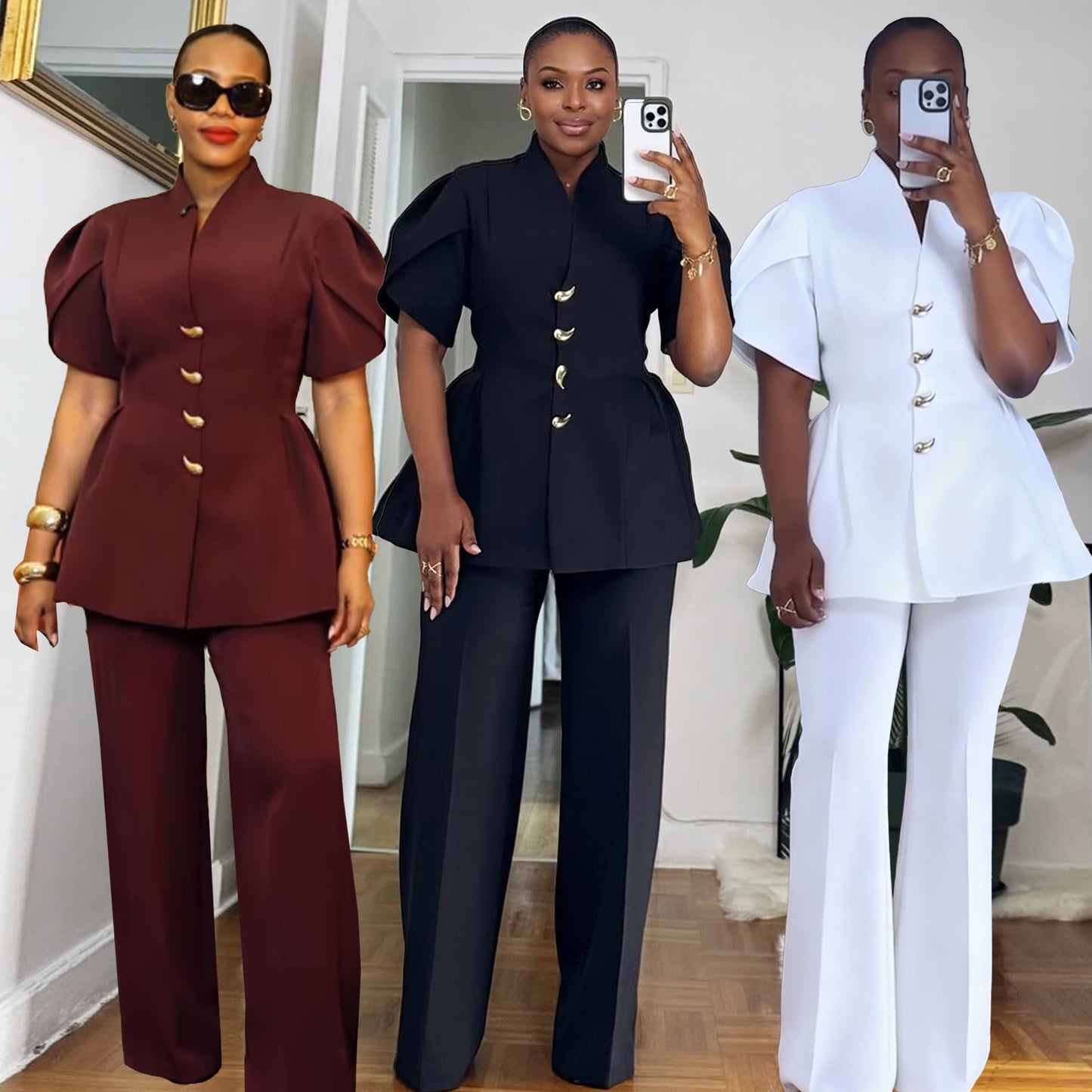 Elegant Commuter Two-Piece Set Womens Top With Bud Sleeves And Pants