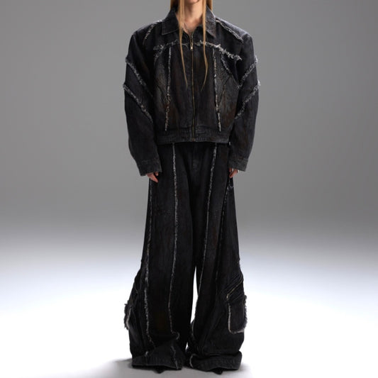 Raw Edge Splash-dyeing Distressed Padded Shoulder Denim Coat