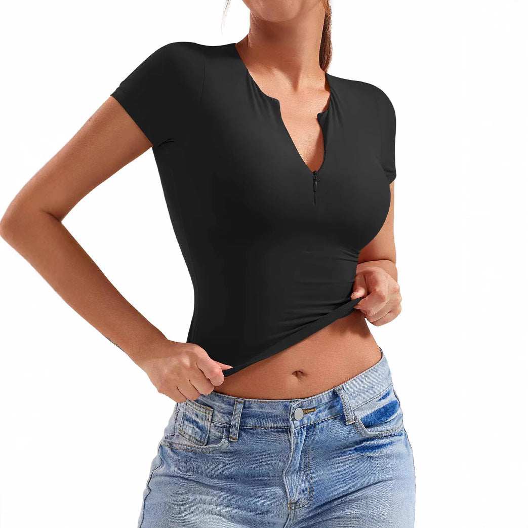Slim Fit Moderne Yoga Kortærmet Halvlynlås Top