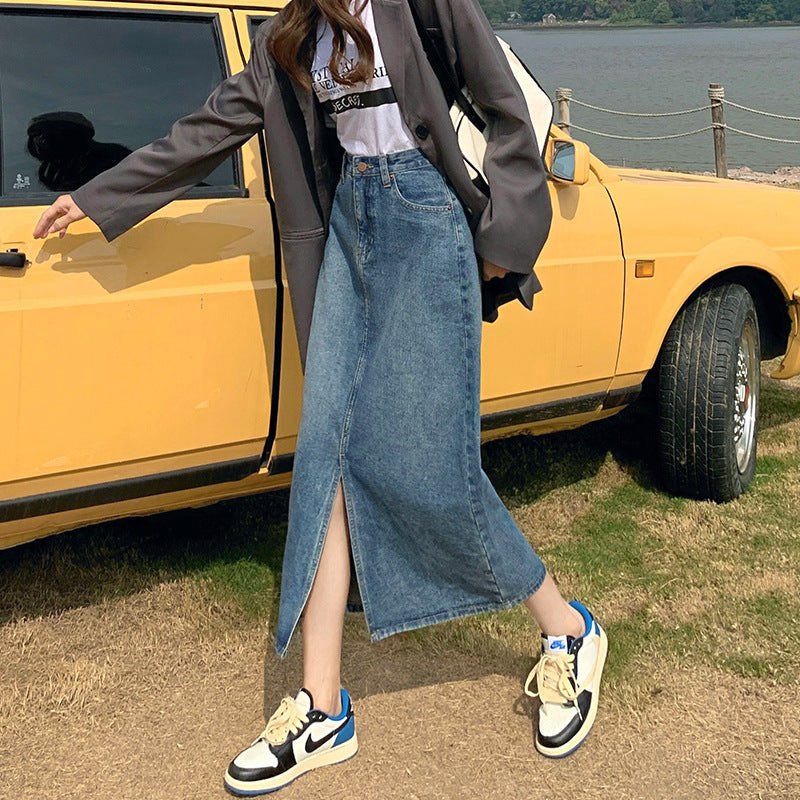 Kvindenederdel Højtaljet Retro Blå Denimnederdel