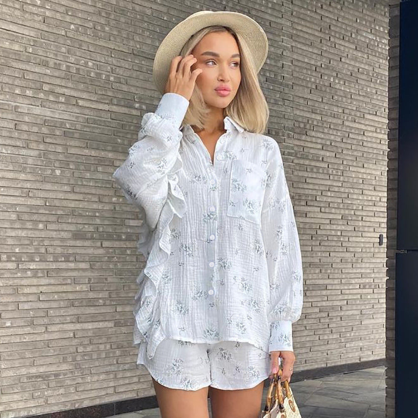 Womens Pure Cotton Printed Ruffle-Trim Long-Sleeve Shorts Pajama Set