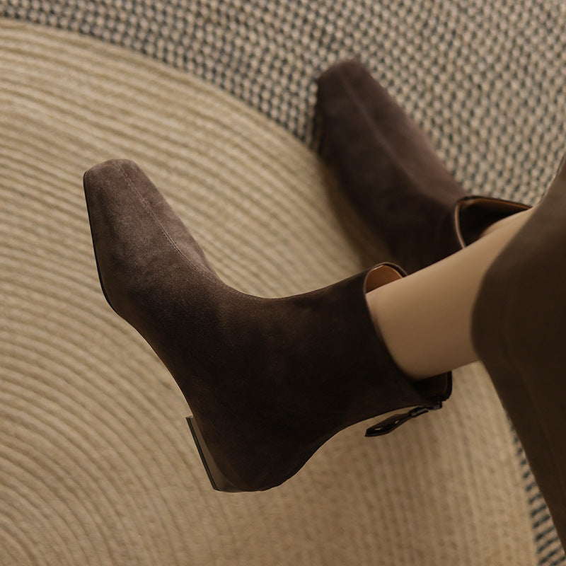 Womens Suede Leather Low-Heel Ankle Boots Genuine Leather Style Boots