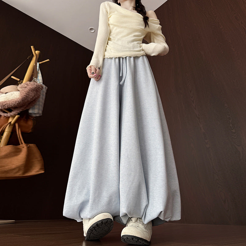 Womens High-Waisted Fleece-Lined Solid-Color Lamb Wool Bloomer Culottes