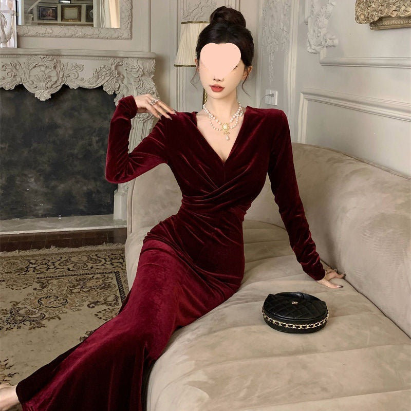 Red SpringAutumn Velvet Dress Velvet Gown