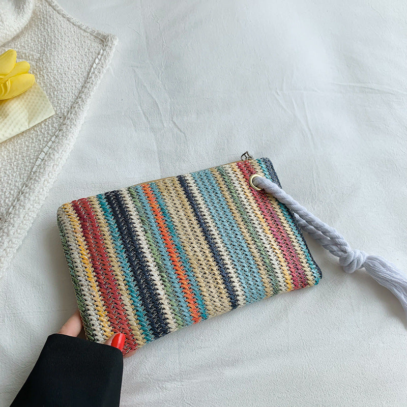 Colorful Striped Hand Holding Women's Woven Envelope Bag