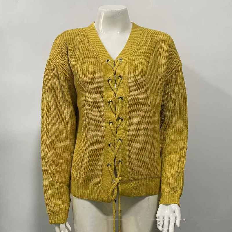 Solid Color And V-neck Hollow Out Tied Knitted Sweater