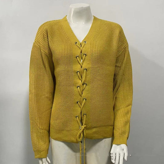 Solid Color And V-neck Hollow Out Tied Knitted Sweater