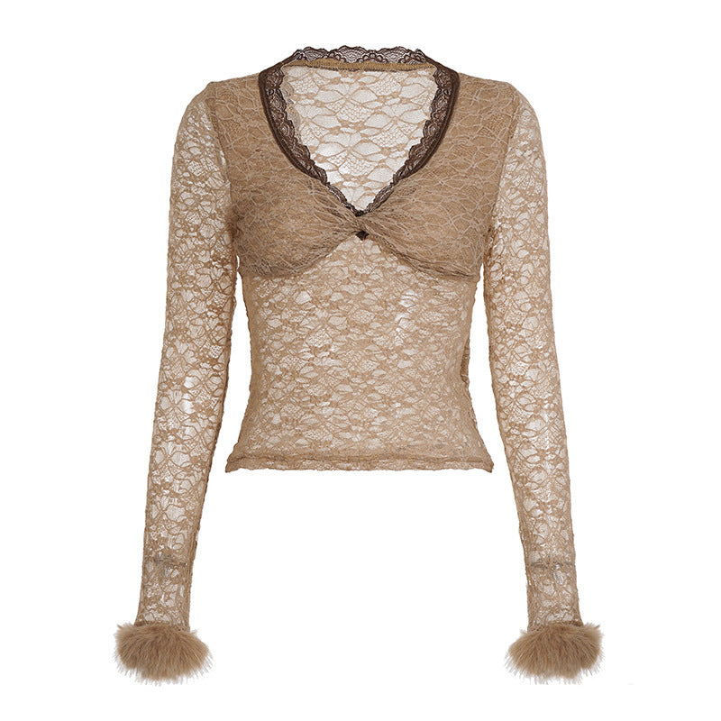 Soft-style Twist V-neck Lace Base Top Sexy, Figure-hugging Sweater With Fluffy Fabric Accents For A Sassy Look