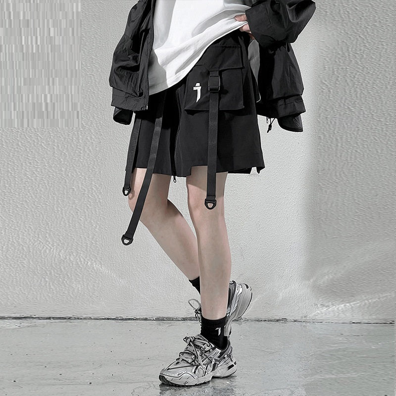 Summer New Mechanical Style Ribbon Short Pantskirt Men And Women Loose Casual With Big Pockets