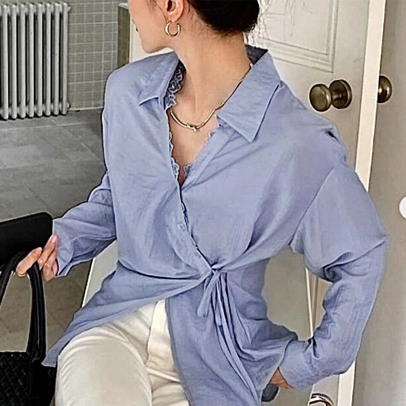 Blue Long Sleeved Shirt Lace-up Tup Cardigan Women