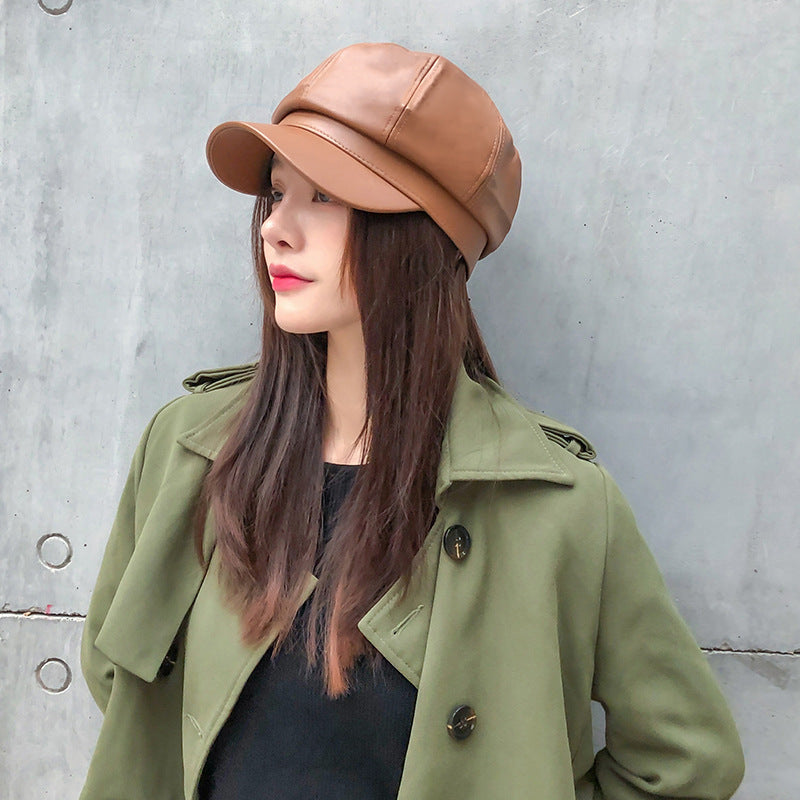 Korean Style Octagon Fashion Ladies Hat Leather Beret