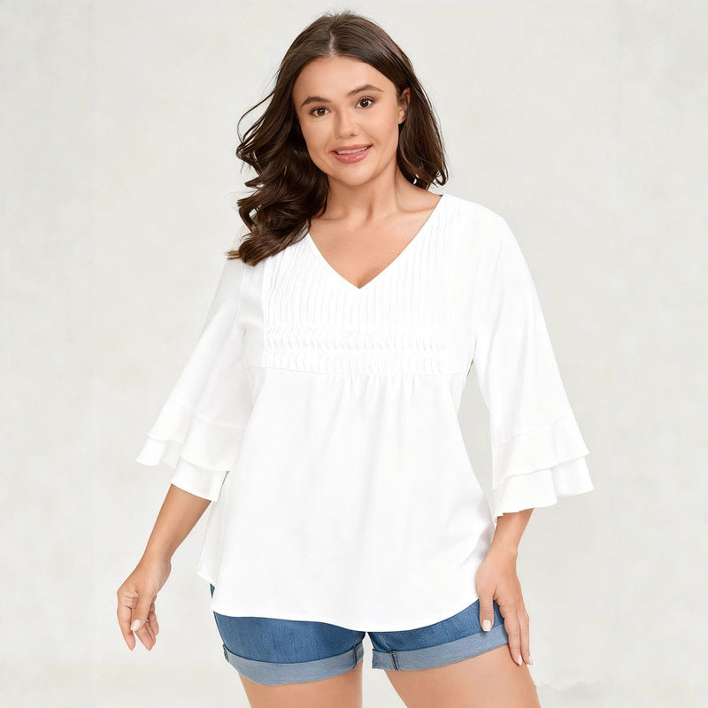 Loose Solid Color Ruffled V-neck Three-quarter Sleeve Top