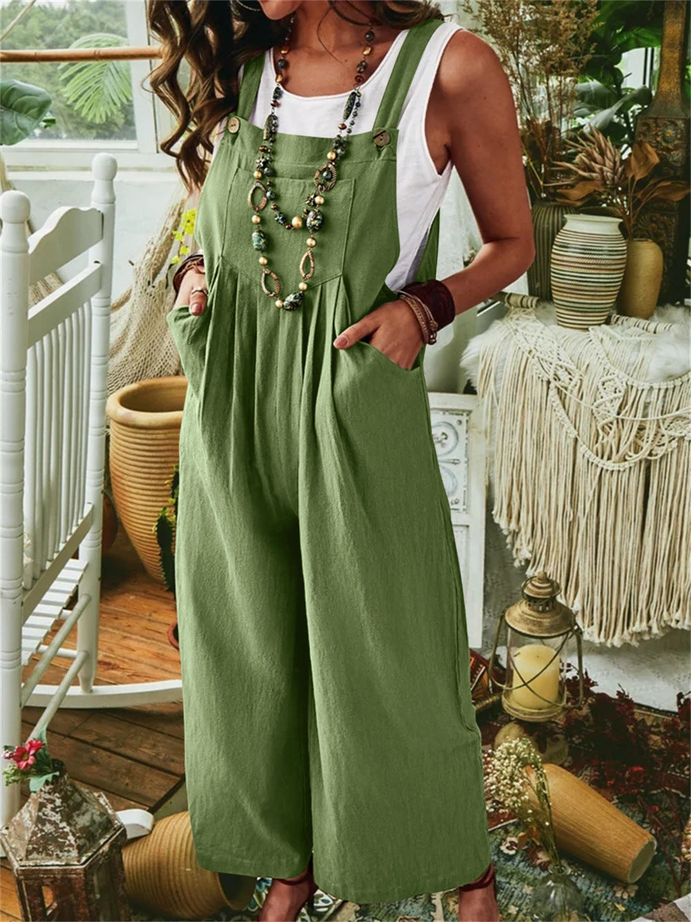 Women's Cotton Linen Pocket Casual Wide Leg Side Button Jumpsuit