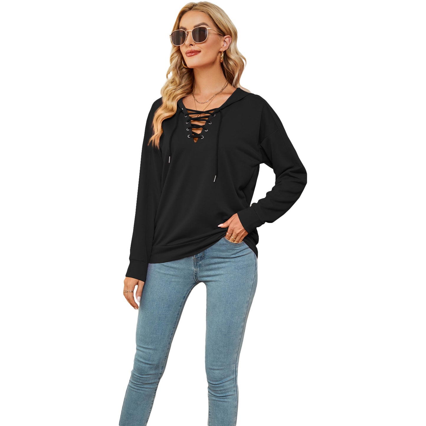 European And American Women's Solid Color Hooded Sweater With Collar Straps