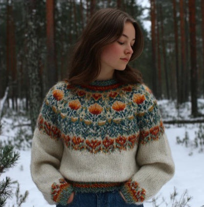 Womens Color Block Loose Fit Fashionable Crew Neck Sweater Top