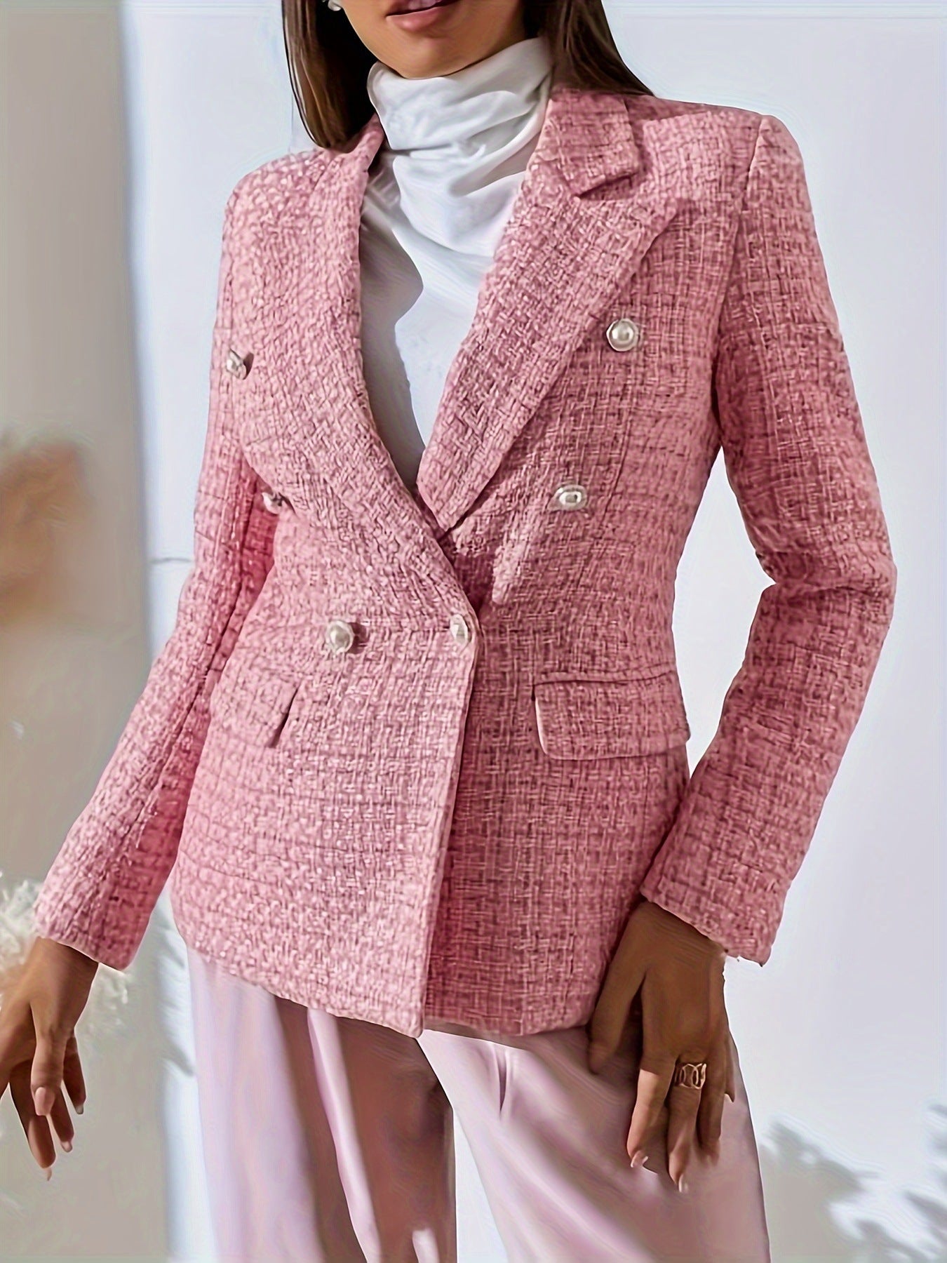 Double Breasted Notched Lapel Blazer Elegant Long Sleeve
