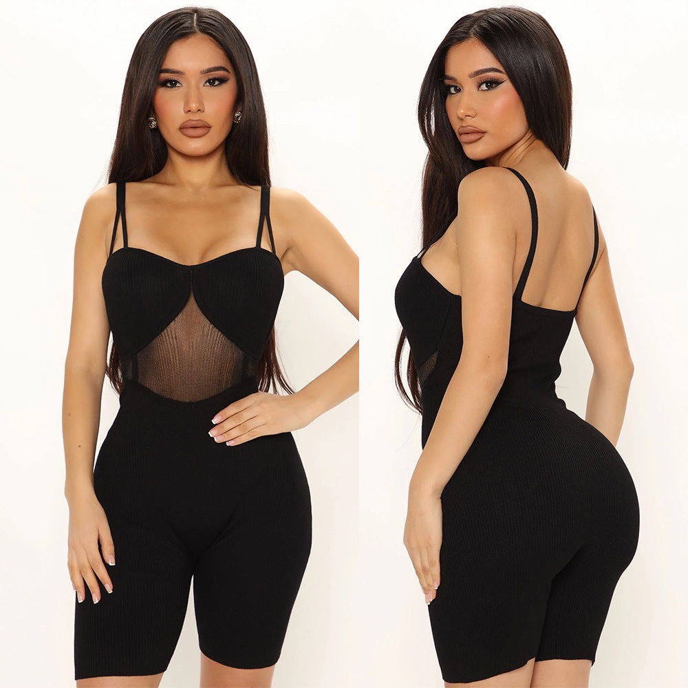Women's Skinny Mesh Panel Suspender Jumpsuit