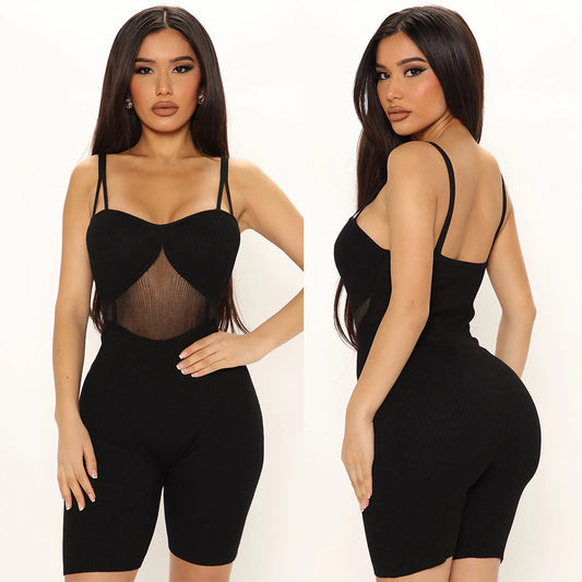 Women's Skinny Mesh Panel Suspender Jumpsuit