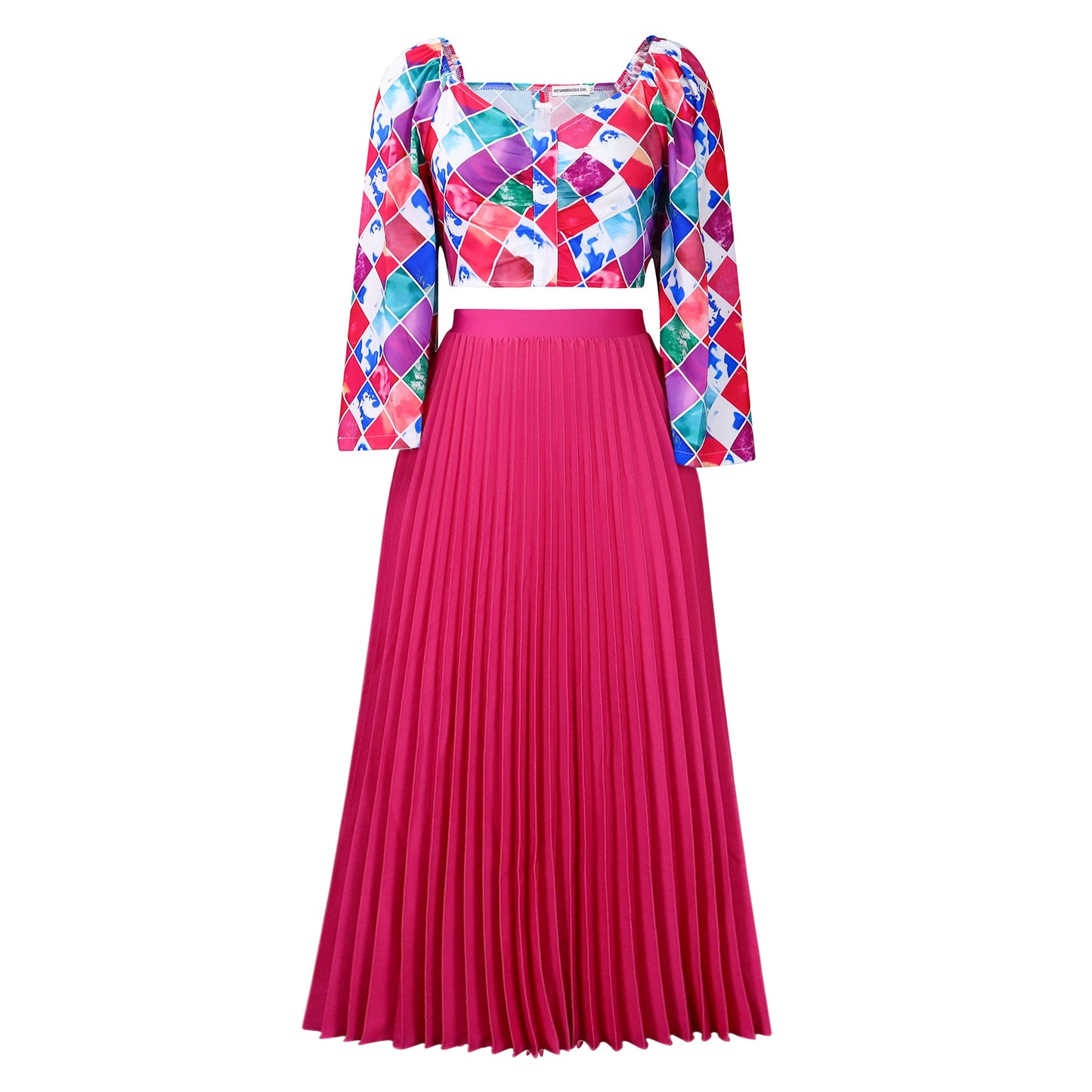 V-neck Printed Top With A Pleated Long SkirtAfrican-style Two-piece Set