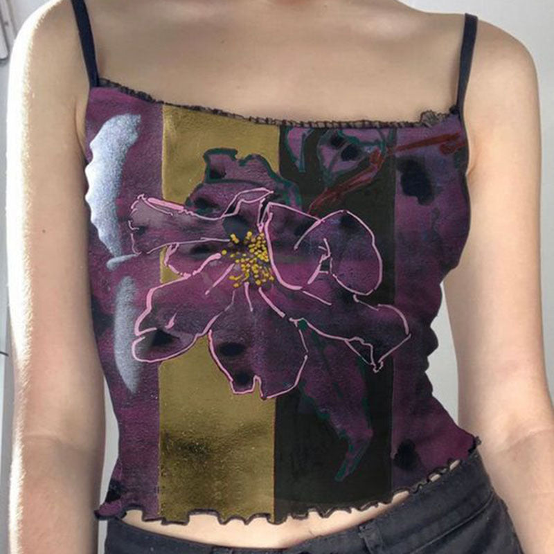 Vintage Printed Suspender With Lace Underneath Tank Top