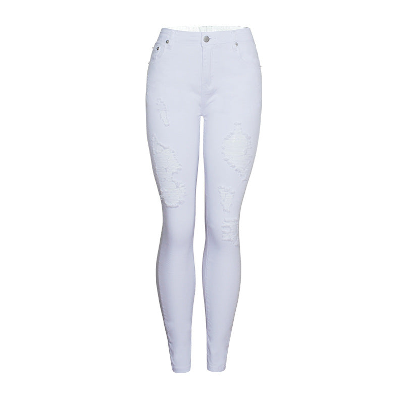Trendy Slim-fit Ensfarvede Hvide Ripped Skinny Bukser til Kvinder