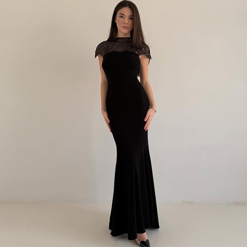 Womens Fashionable Lace-Patchwork Waist-Cinching Dress