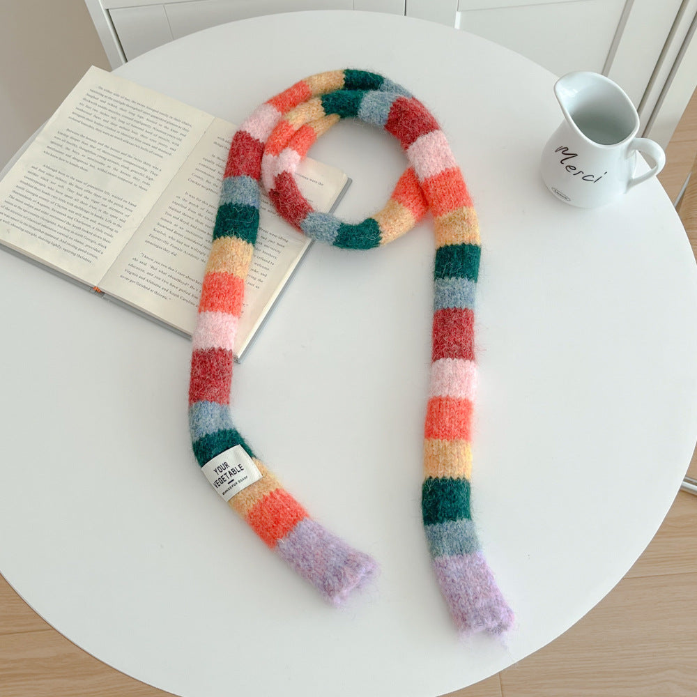 Versatile Narrow Rainbow-colored Retro Slim Long Scarf With A Chic Knitted Design
