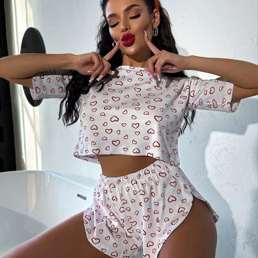 Comfortable Heart-Print Knitted Short-Sleeve Top And Shorts Set