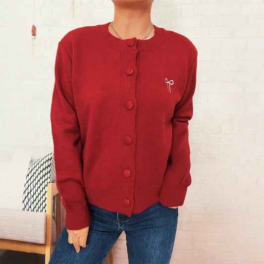 Todelt Strikket Cardigan til Kvinder med Sløjfe og Broderi