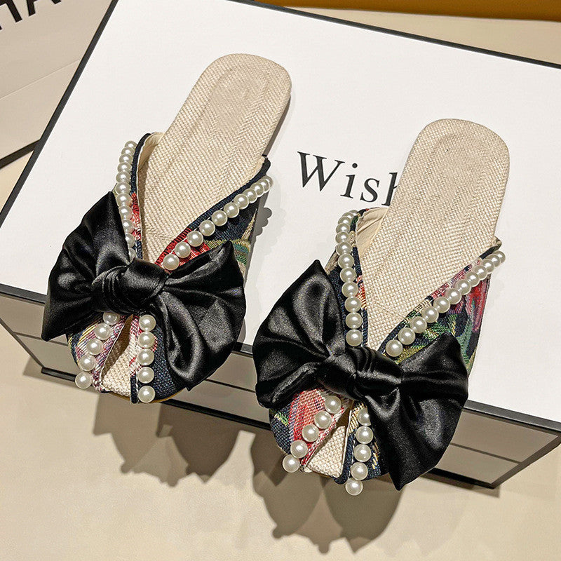 Women's Fashion Package Head Flat Bow Tie Floral Slippers