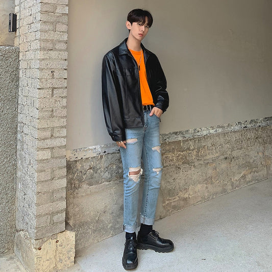 Men's Casual Lapel Collar Handsome Motorcycle Loose Solid Color Leather Jacket