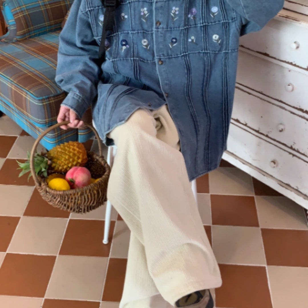 Vintage Small Floral Pleated Washed Denim Long Sleeved Shirt