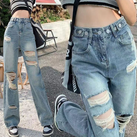 Womens Baggy Plus-size Ripped Jeans
