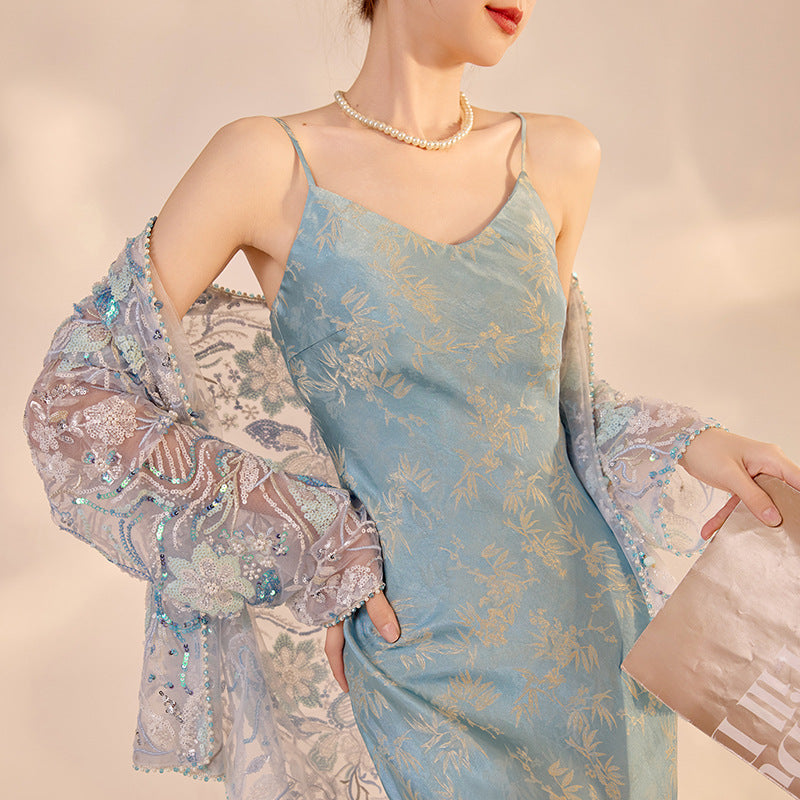 Chinese Embroidery Sequined Round Neck Top Pearl Embroidery Coat