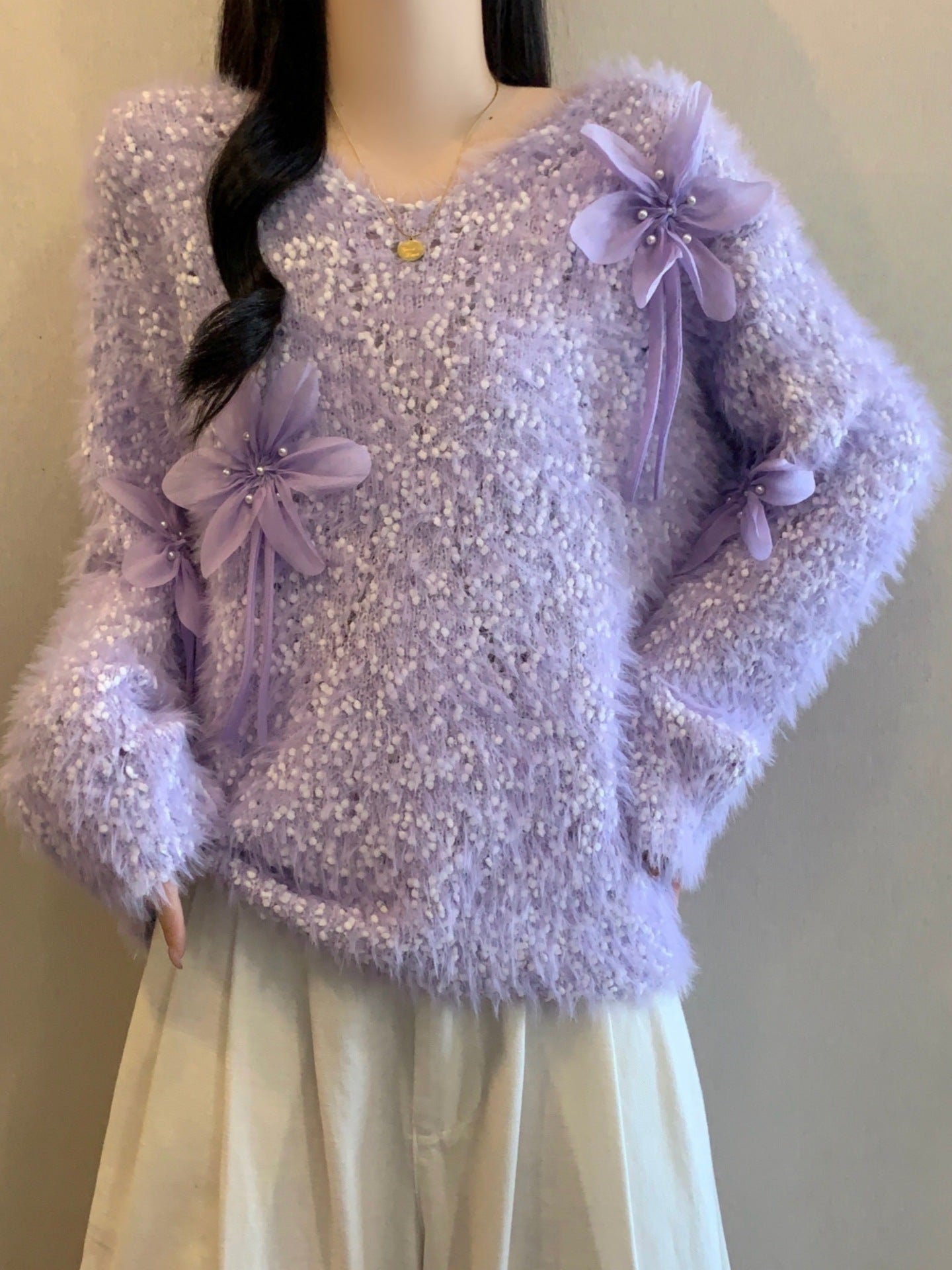 Autumn And Winter Plush Knitted Sweater For Women Sweet 3D Flower Decoration Loose Fit