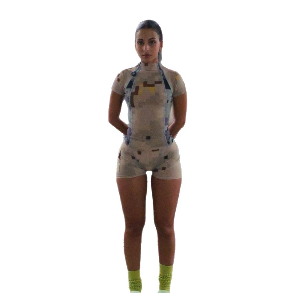 Womens Fashionable Camo Color-Block Printed Design Short-Sleeve Top And Shorts Set