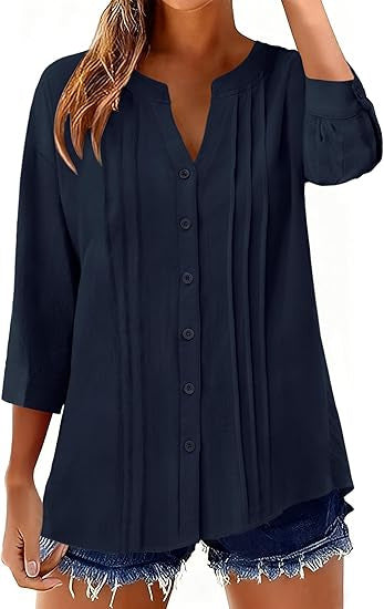 Pleated Casual Solid-Color Loose Cotton-Linen Shirt