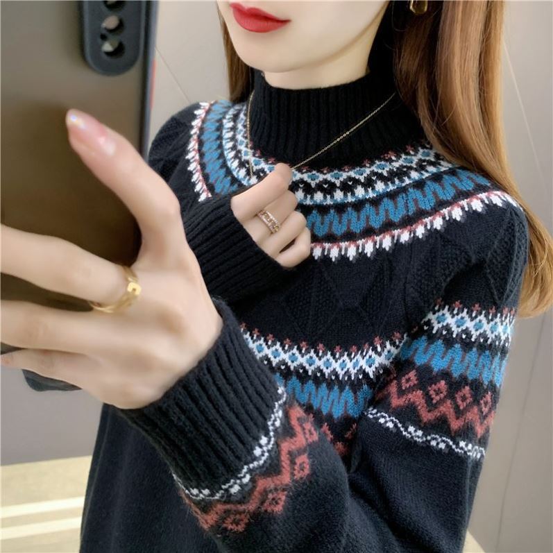 Autumn And Winter Blue Pullover Mock Neck Sweater Women's New Loose