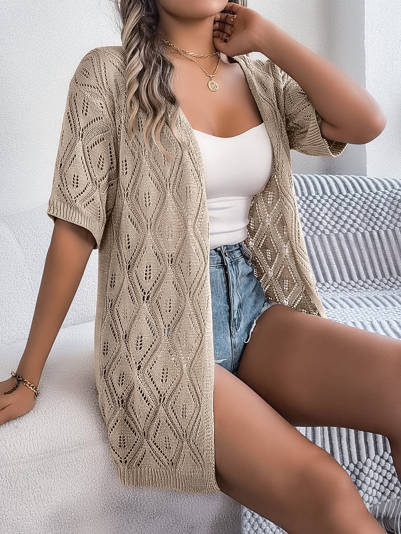 Women S Hollow Out Plaid Short Sleeve Knit Beach Cover-Up