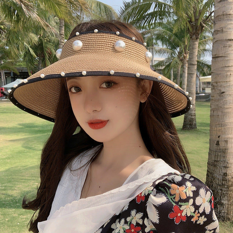 Straw Sun Protection Simple Empty Top Pearl Topless Sun Hat